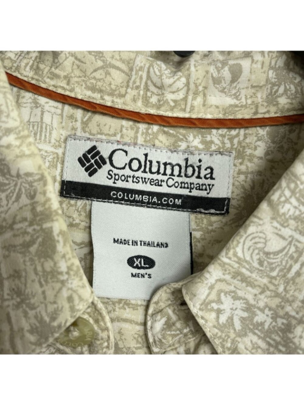 Columbia Men's XL Short Sleeve Button-Up Shirt Beige Graphic Print Cotton B1168 - Picture 5 of 8